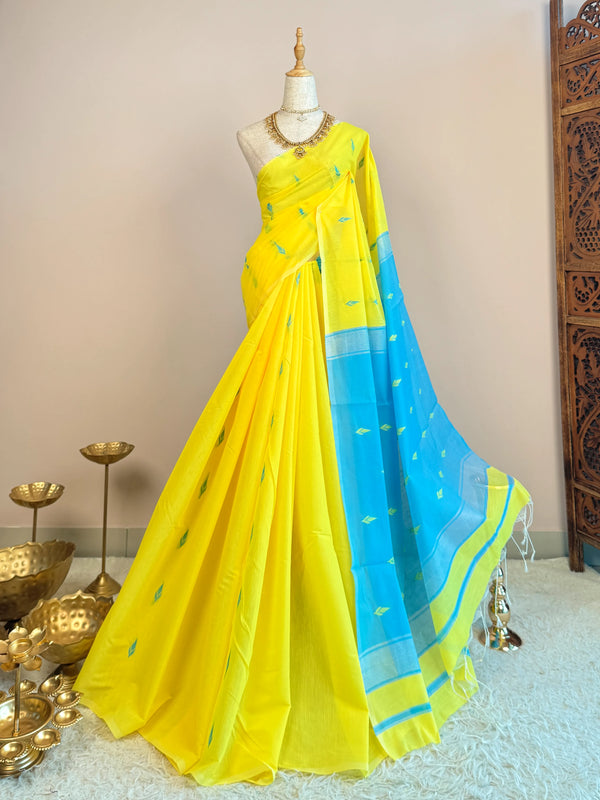 Yellow-Sky-Blue Silk-Cotton Thread-Woven South-Saree