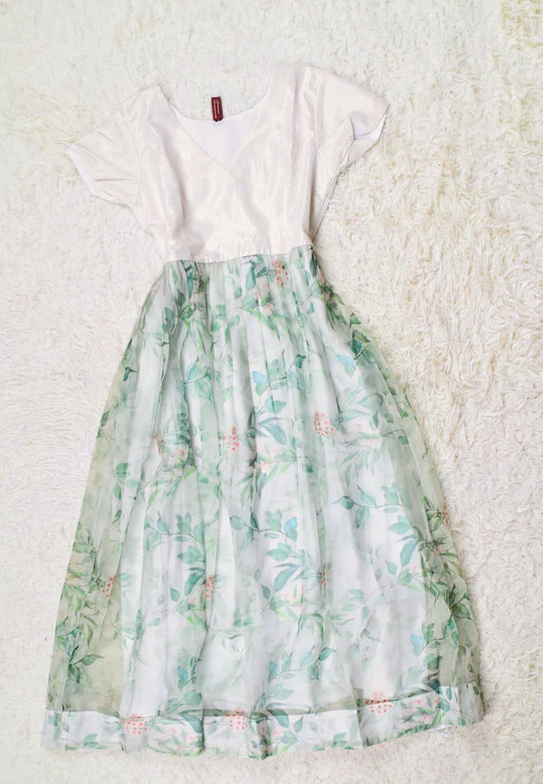 Mint-White Muslin-Zari-Organza Digital-Print Pleated Anarkali-Kurti Dress