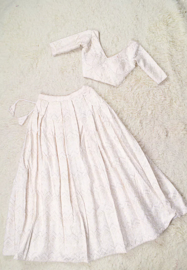 White Raw-Silk Thread-Embroidery Box-Pleated Lehenga-Skirt & Blouse Set