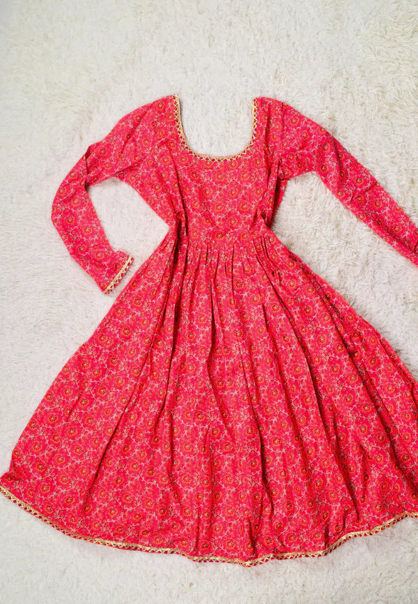 Pink Digital-Print Silk-Cotton Pleated-Anarkali-Kurti Dress