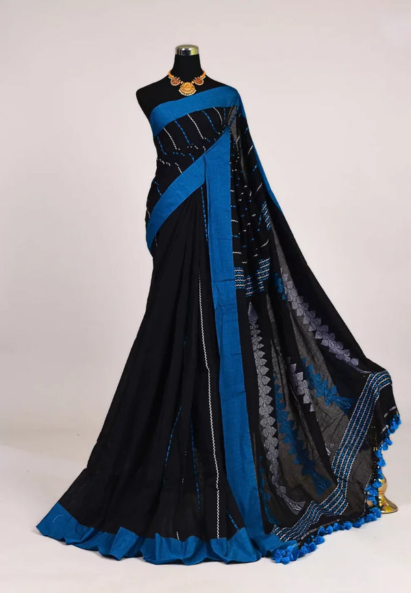 Black Blue Handloom Mercerised Pure Cotton Striped Thread Woven Design Bengal Saree