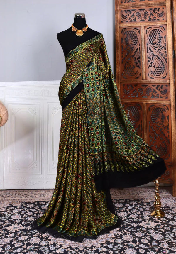 Black Green Modal Silk Premium Screen Printed Ajrakh Bengal Saree