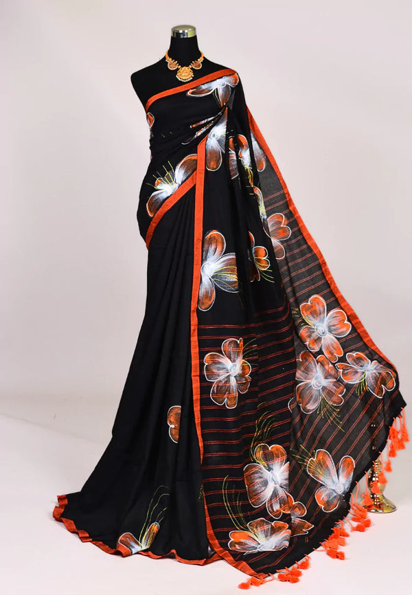 Black Orange Handspun Pure Cotton Handpainted Floral Body Bengal Saree