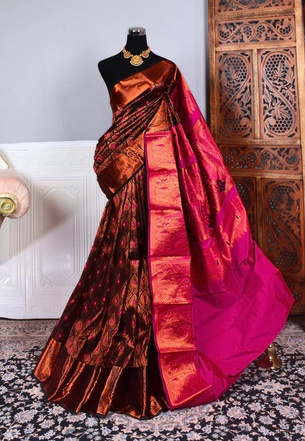 Black Pink Soft Silk Heavy Zari Woven Semi Bridal South Saree