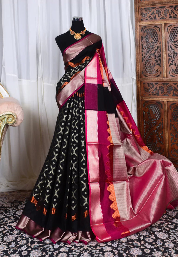 Black Silver Silk Cotton Contrast Pink Blouse Pallu Banarasi Saree