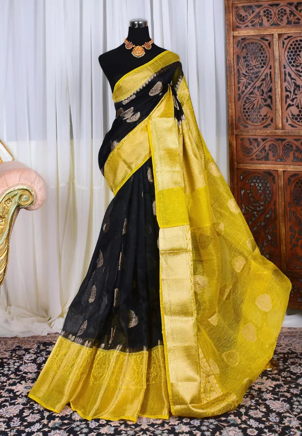 Black Yellow Cotton Linen Butta Premium Banarasi Saree