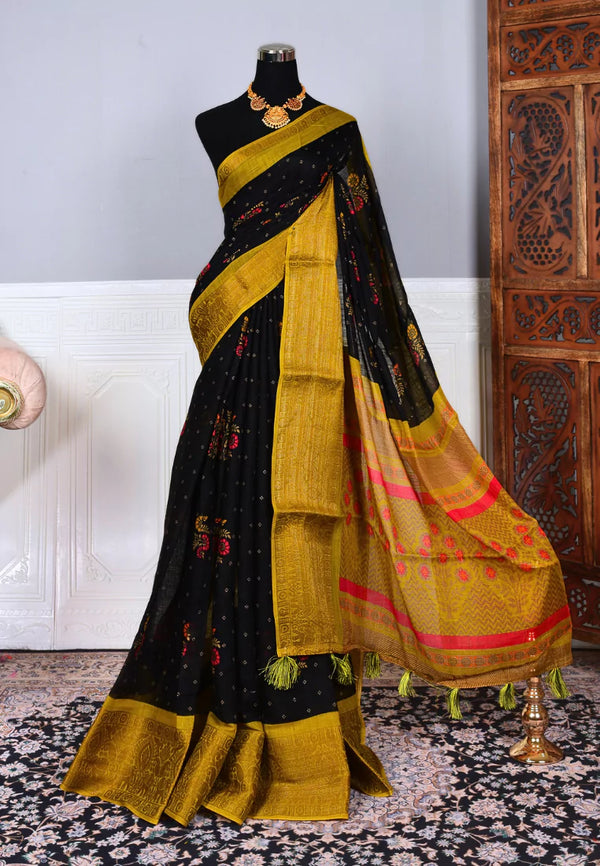 Black Yellow Soft Cotton Blend Floral Woven North Saree