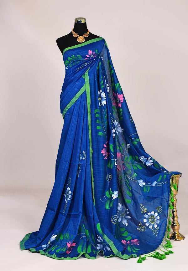 Blue Green Handspun Pure Cotton Handpainted Floral Body Bengal Saree