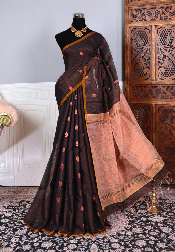 Brown Cream Tissue Cotton Copper Zari Butti Bengal Saree