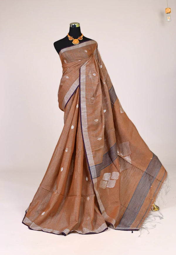 Brown Silver Handloom Tissue Linen Woven Pallu Bengal Saree