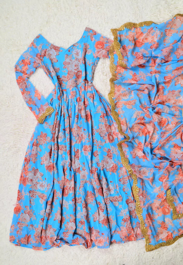 Sky-Blue Floral-Print Georgette Pleated-Anarkali-Dress & Dupatta Set