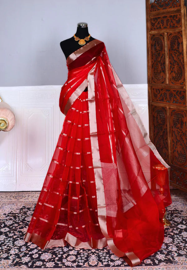 Chilli-Red Silver Kora Organza Plain Striped Body Design Banarasi Saree