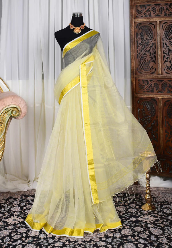 Cream-Gold Handmade Muslin Zari Stripe Body Bengal Saree
