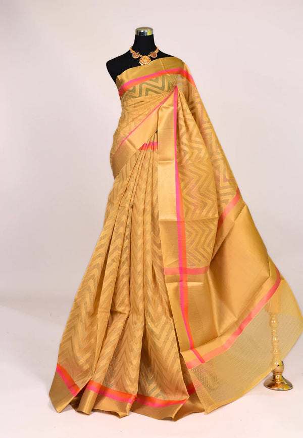 Cream Gold Silk Cotton Zig Zag Body Banarasi Saree
