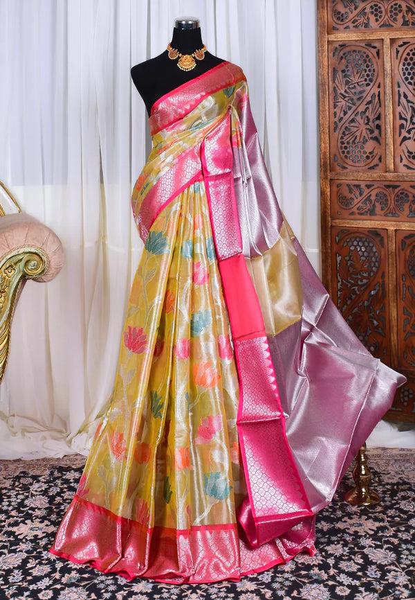 Cream Pink Tissue Silk Organza Meenakari Floral Body Banarasi Saree