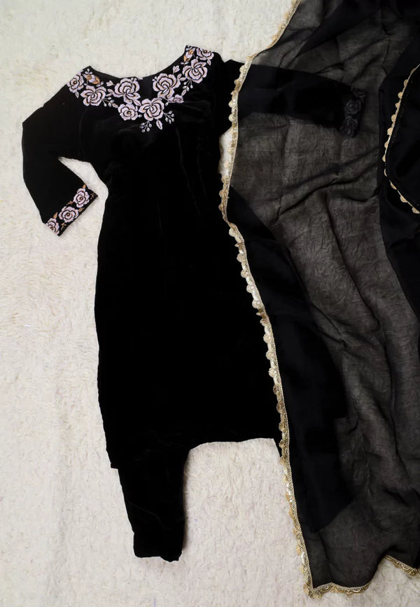 Black Velvet Embroidered Straight-Cut-Kurti Pants & Dupatta Set