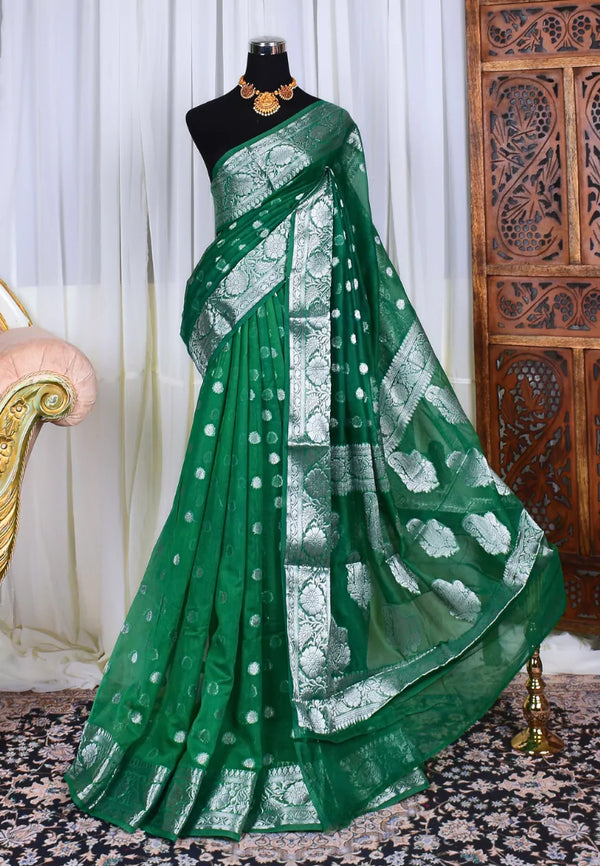 Emerald-Green Semi Georgette Silver Zari Banarasi Saree