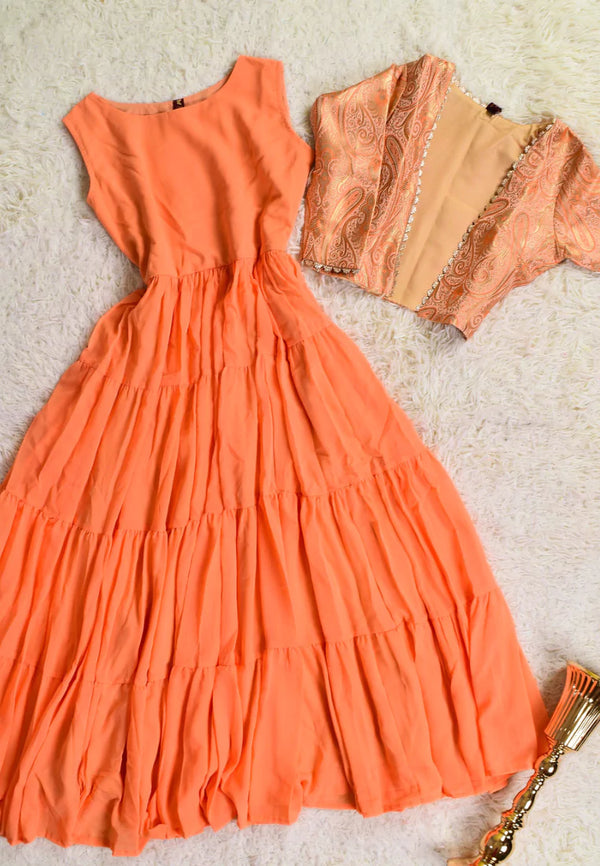 Peach Gold Georgette-Brocade Layered Anarkali-Kurti Dress & Jacket Set
