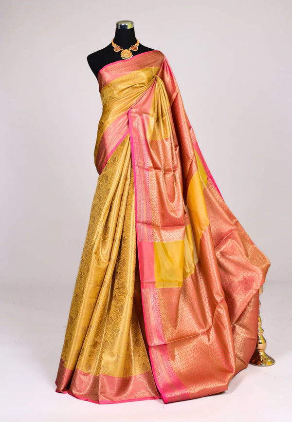 Gold Pink Silk Tanchui Embossed Body Contrast Pallu Banarasi Saree