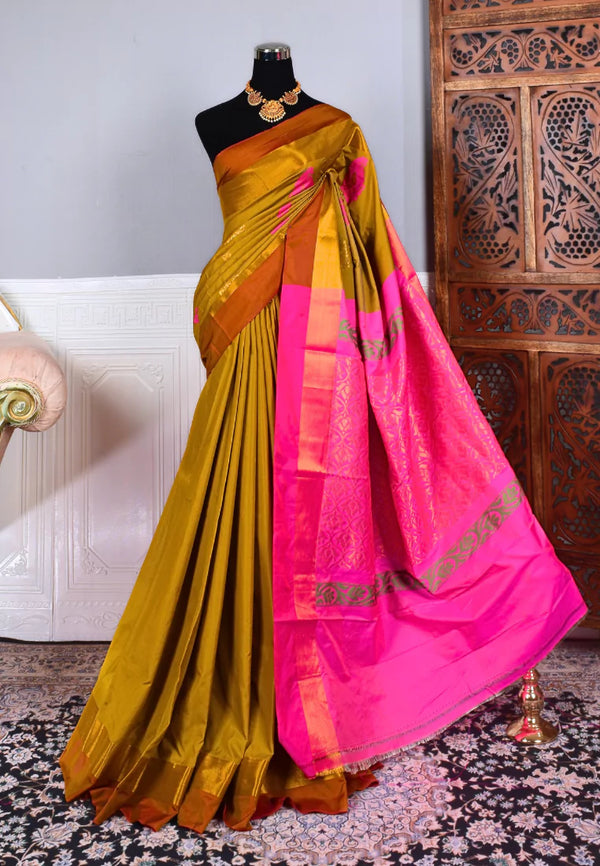 Gold Pink Soft Silk Contrast Pallu South Saree