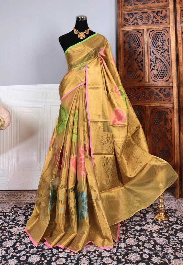 Gold Pink Soft Silk Tissue Floral Meenakari Banarasi Saree