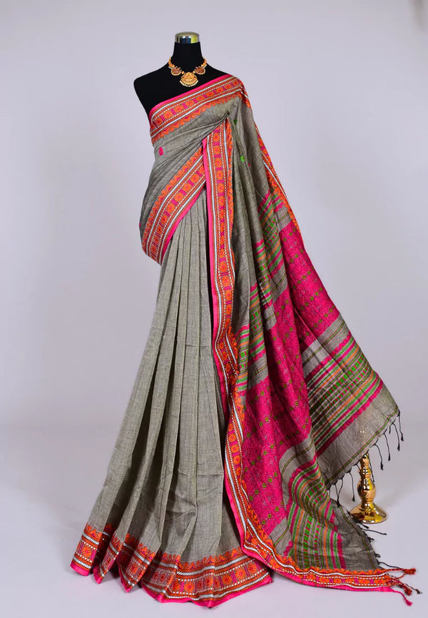 Grey Pink Handloom Mercerised Pure Cotton Thread Woven Multicolour Butti Pallu Bengal Saree