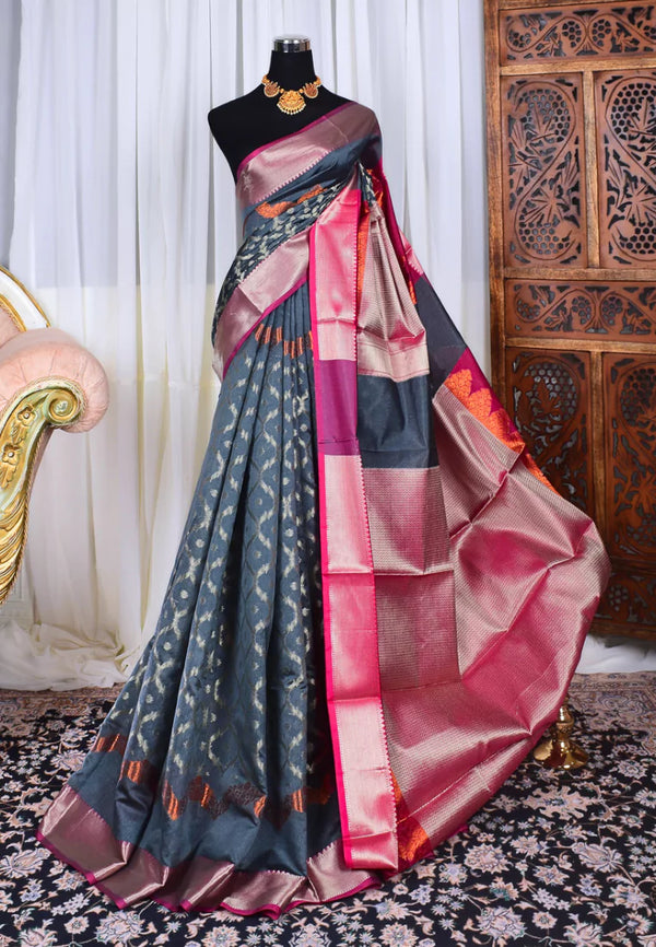 Grey Pink Silk Cotton Jacquard Body Banarasi Saree
