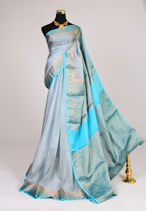 Grey Sky-Blue Warm Silk Premium Plain Traditional Design Banarasi Saree