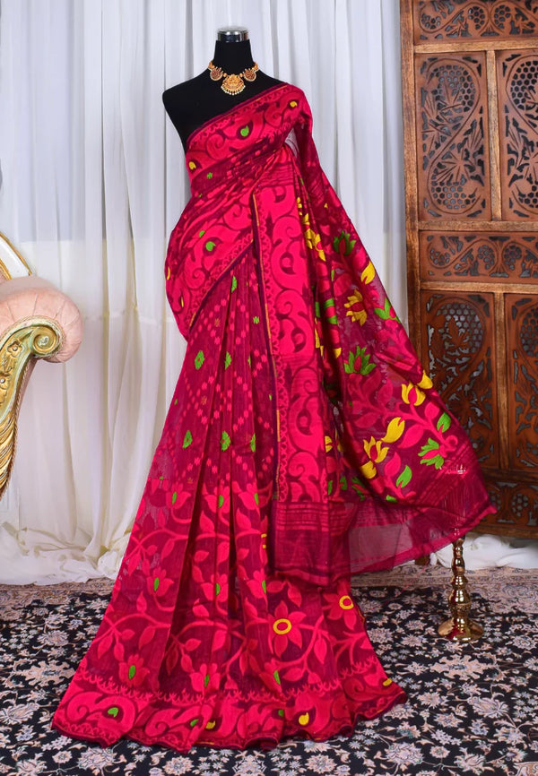 Magenta Pink Cotton Slub Thread Woven Jamdani Bengal Saree