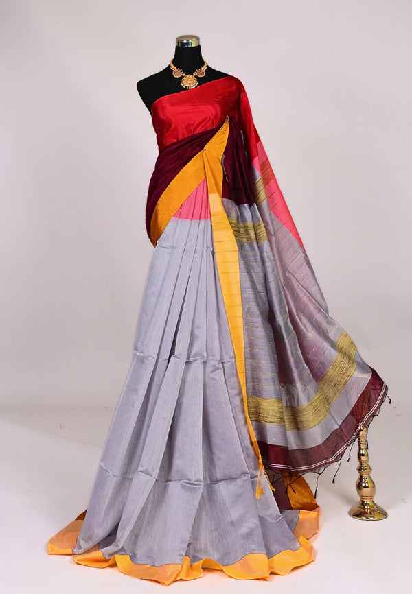 Maroon Grey Handloom Silk Cotton Ghicha Pallu Bengal Saree
