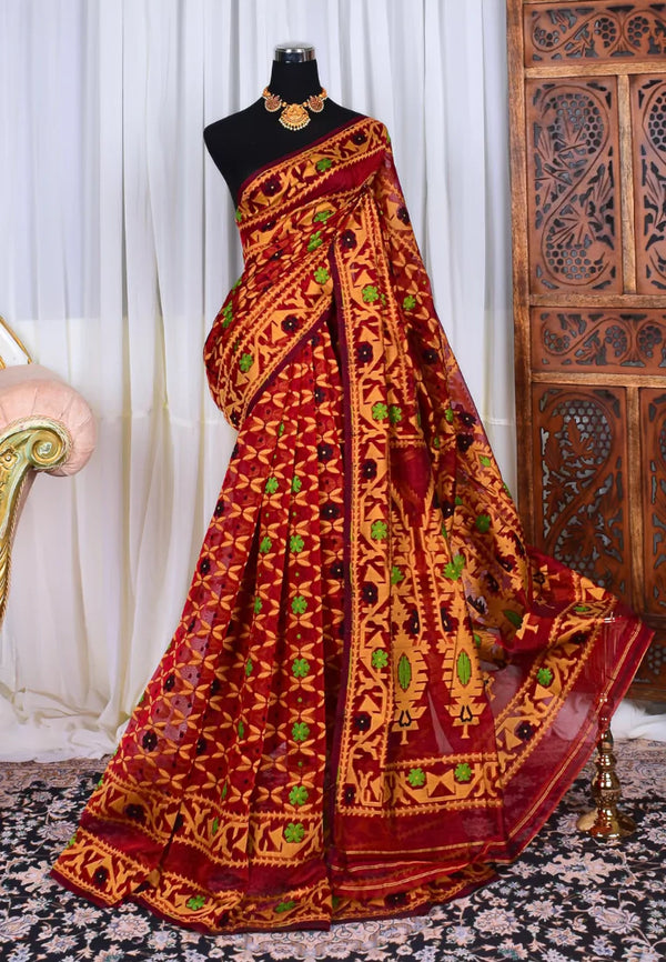 Maroon Mustard Cotton-Slub Jamdani Style Thread Woven Bengal Saree
