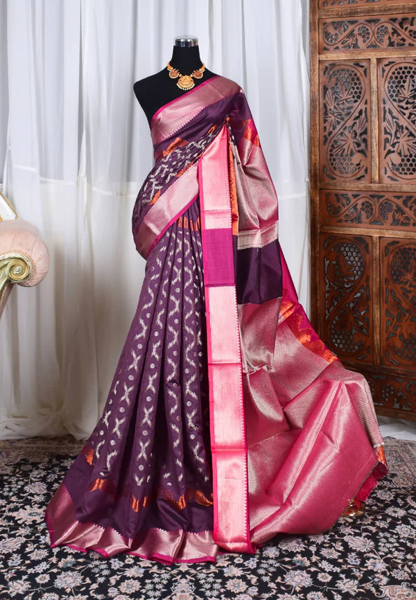 Mauve Silver Silk Cotton Contrast Pink Pallu Blouse Banarasi Saree