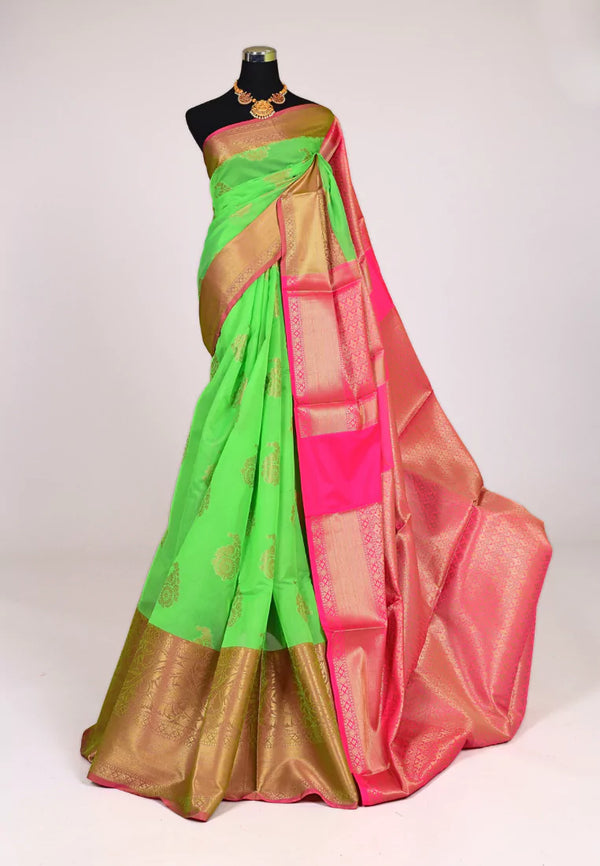 Mint-Green Silk Cotton Butta Body Contrast Pallu Banarasi Saree