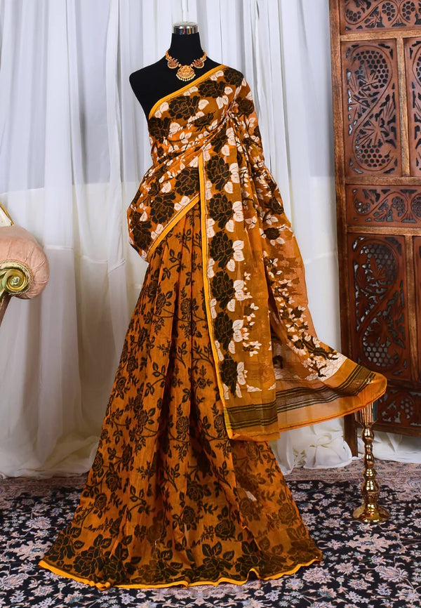 Mustard Black Cotton Slub Floral Thread Woven Jamdani Style Bengal