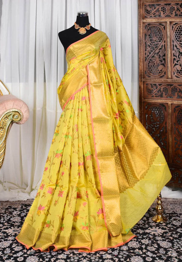 Mustard Silk Cotton Meenakari Floral Body Banarasi Saree