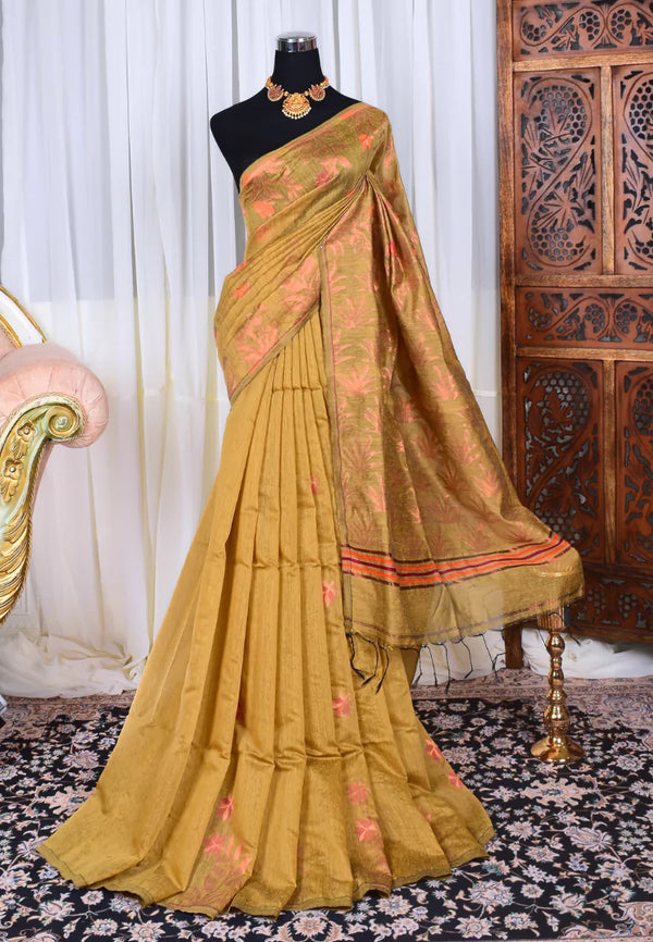 Olive-Gold Silk Cotton Borderless Floral Butta Bengal Saree