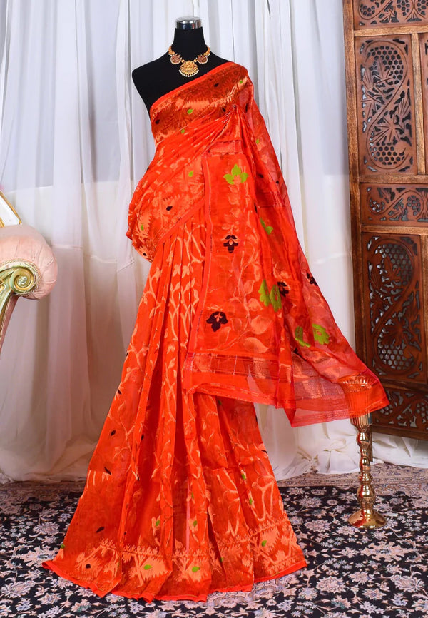 Orange-Gold Cotton Slub Zari Woven Jamdani Bengal Saree