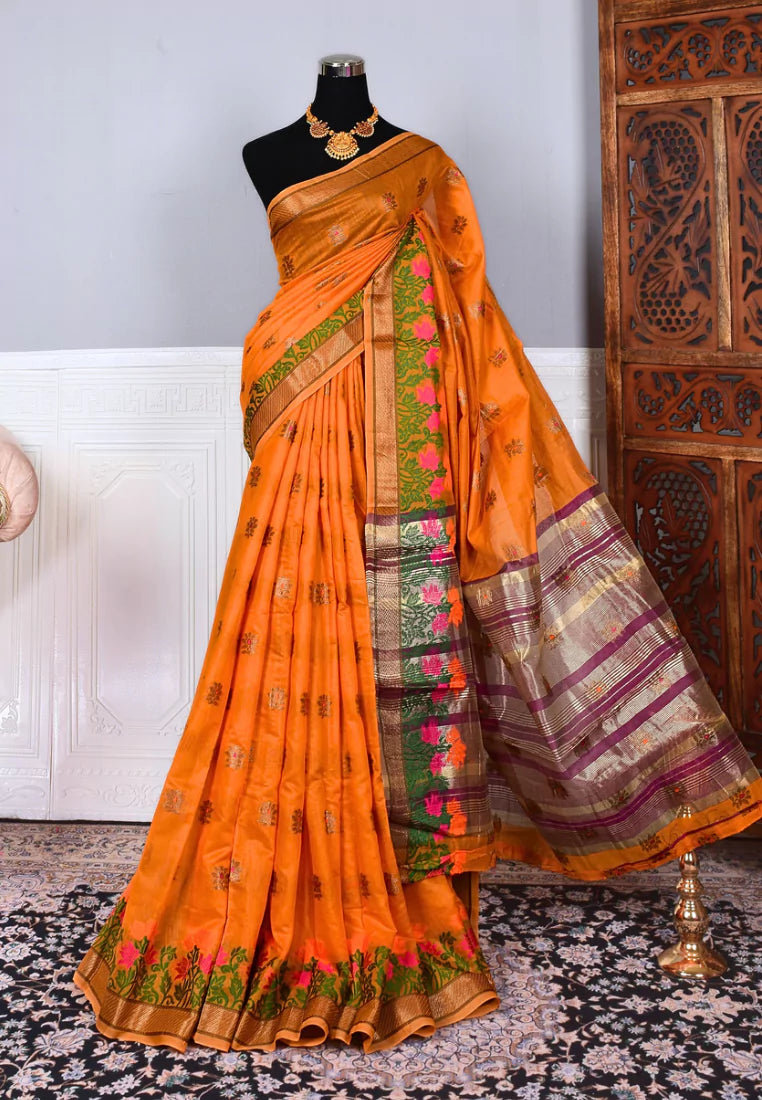 Orange Green Soft Cotton Floral Border Banarasi Saree – Yeshan Sarees