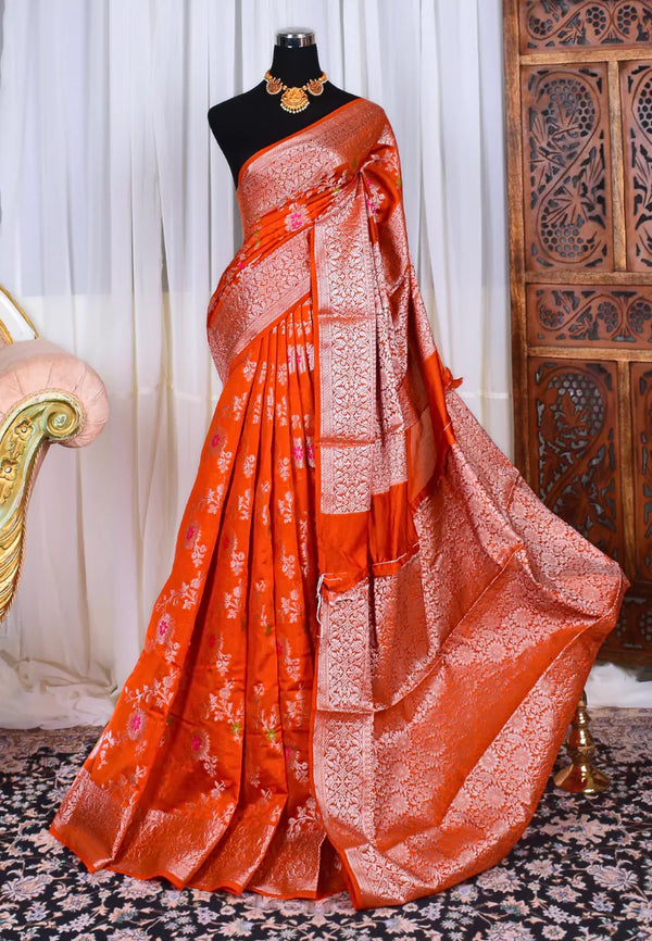Orange Silver Semi Georgette Floral Jangla Body Woven Banarasi Saree