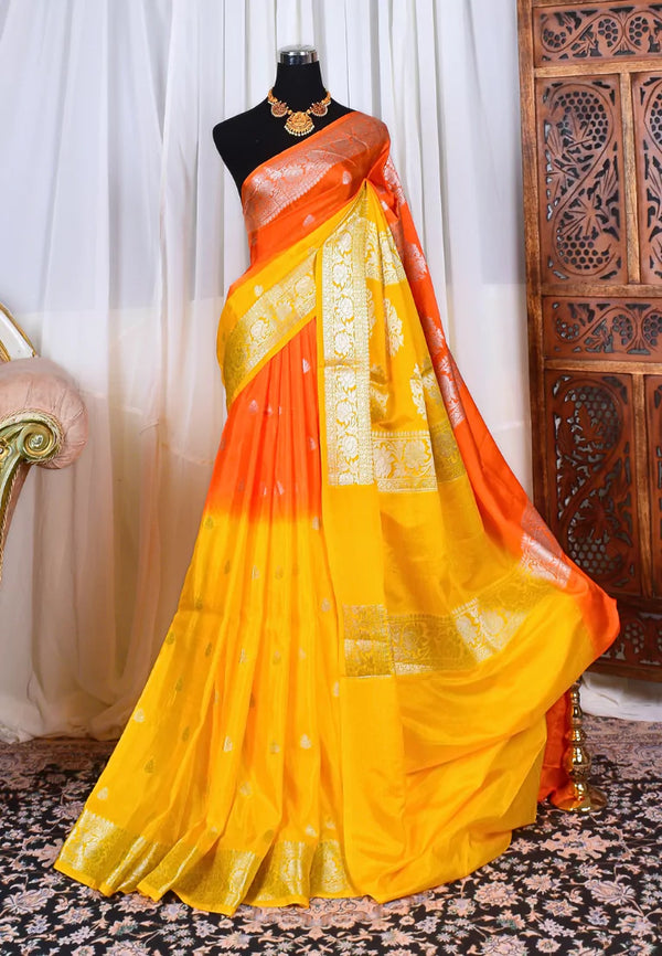 Orange Yellow Semi Georgette Ombré Silver Zari Banarasi Saree