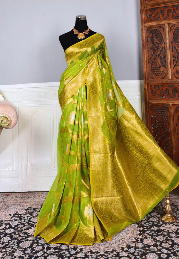Parrot-Green Gold Organza Tissue Zari Woven Body Floral North Saree