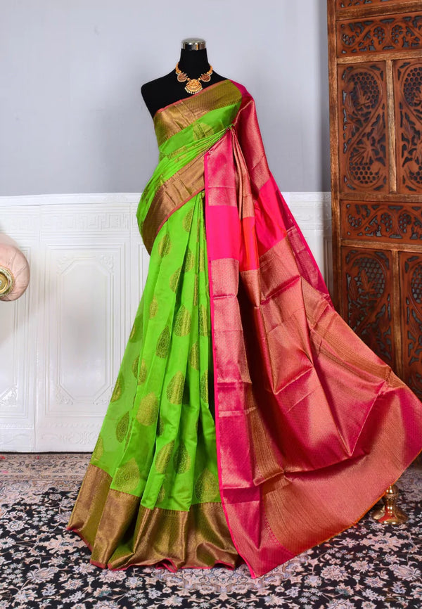 Parrot-Green Pink Silk Cotton Butta Banarasi Saree