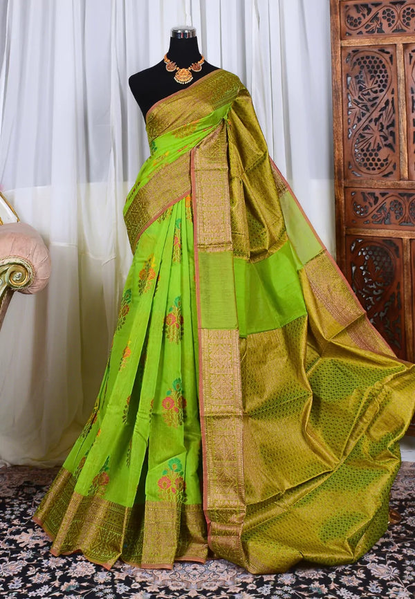 Parrot-Green Silk Cotton Floral Butta Banarasi Saree