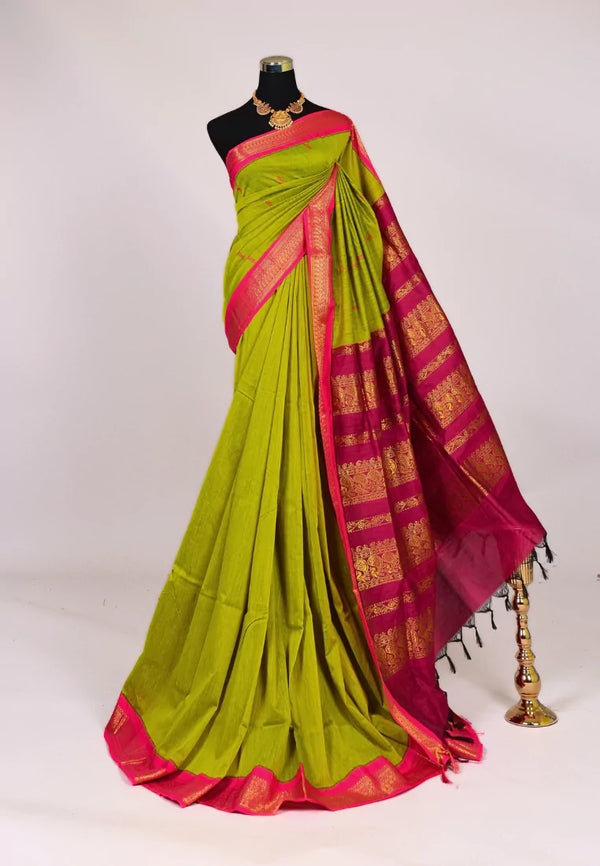 Parrot-Green Silk Cotton Zari Woven Gadwal South Saree