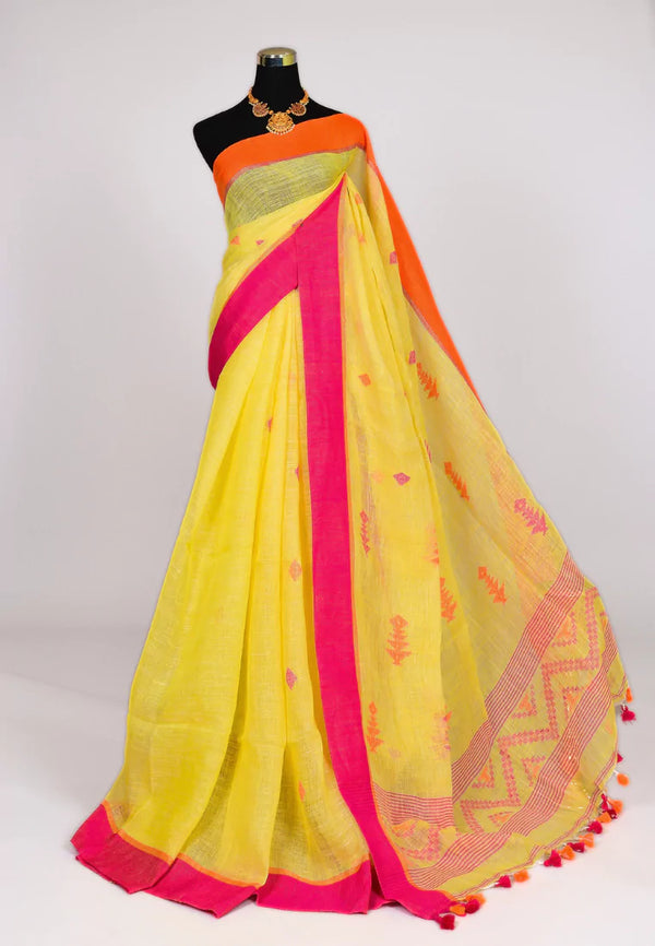 Pastel-Yellow Handloom Linen Woven Butta Double Border Bengal Saree