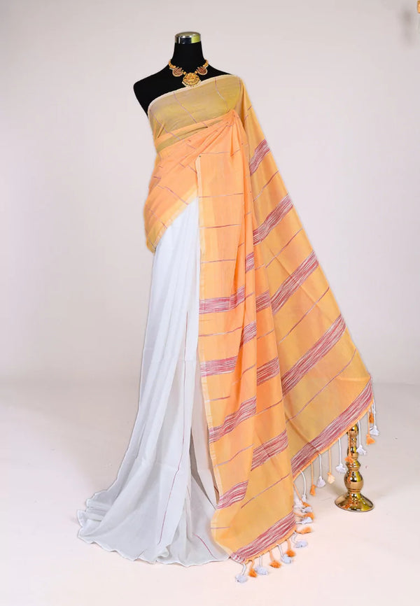 Pastel Yellow Pure Cotton Striped Body Ghicha Pallu Bengal Saree