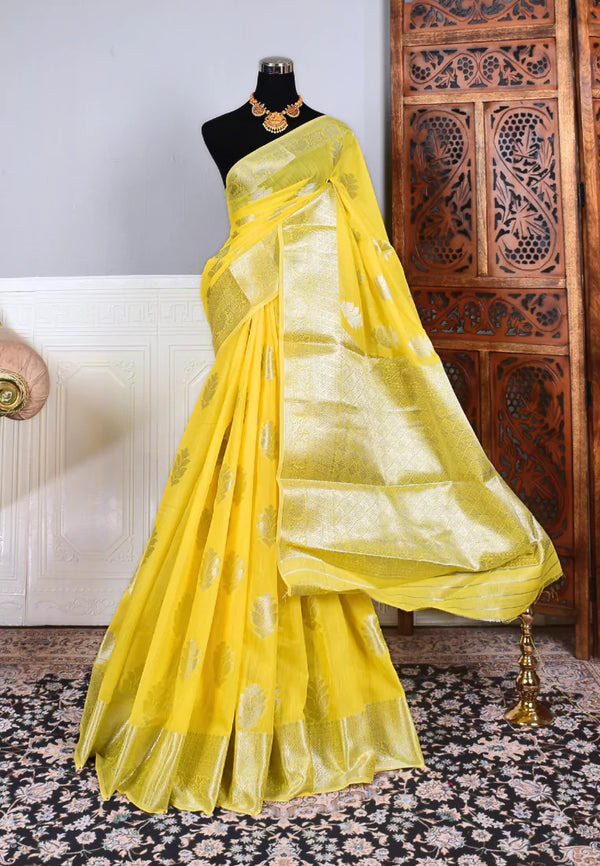 Pastel-Yellow Silver Silk Cotton Floral Butta Pallu North Saree