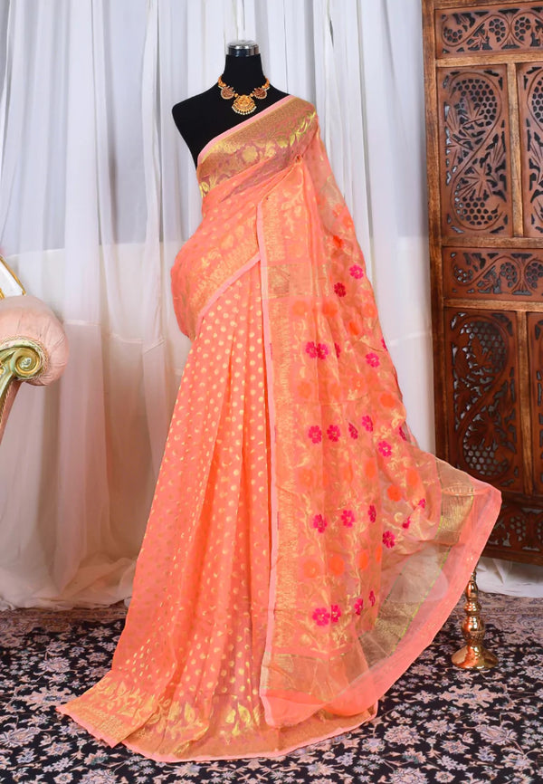 Peach Cotton Slub Jamdani Style Zari Woven Bengal Saree