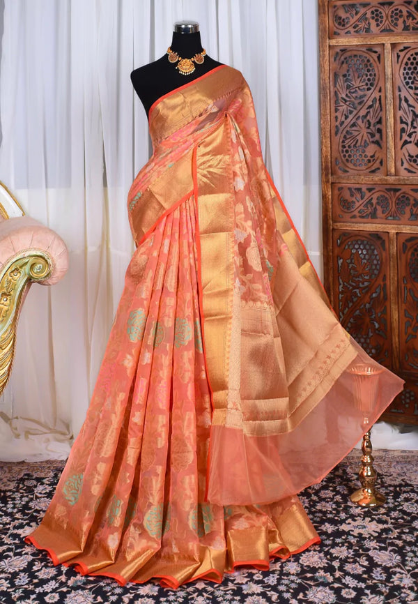 Peach Gold Soft Organza Meenakari Floral Body Banarasi Saree