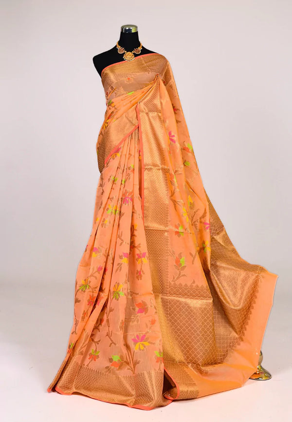 Peach Silk Cotton Meenakari Floral Body Banarasi Saree